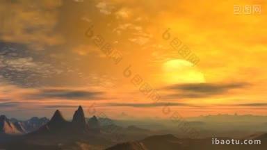 在山景的映衬下，主要的行星在飞行，天空被升起的黄色光线所填充